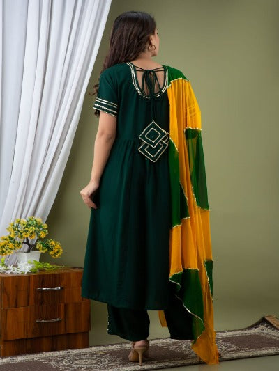 Dark Green Cotton Salwar Suit Set With Tie Dye Dupatta 