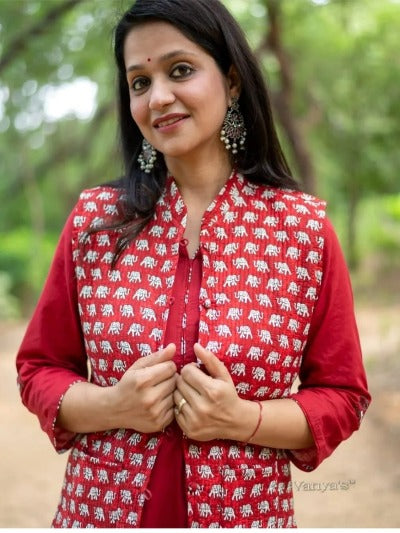 Red Elephant Print Quilted Jacket Cotton Kurti Pant Set of 3