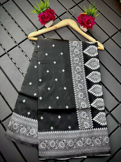 Black Soft Litchi Silk Saree with Jacquard Work