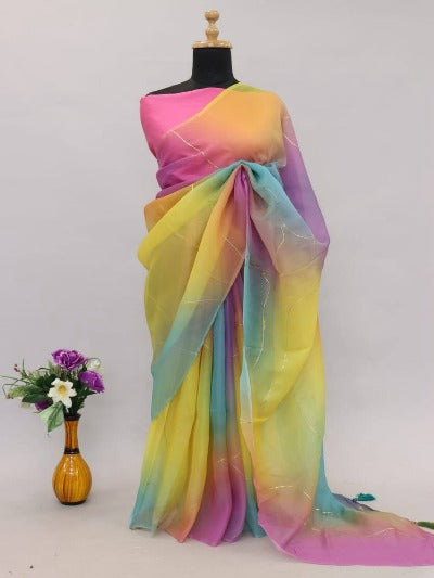 Multicolour Soft Pure Oraganza Saree With Blouse Piece
