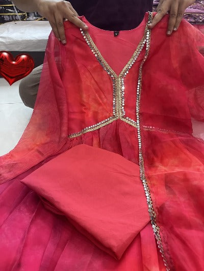 Pink Flared Anarkali Tabby Organza Silk Kurti Dupatta Set