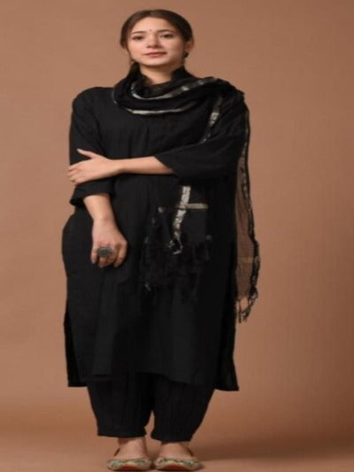 Black Solid Cotton Afghani Suit Set