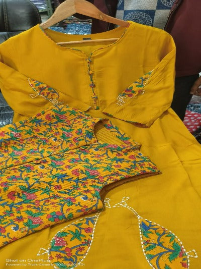 Mustard Yellow Quilted Jacket Cotton Kurti Pant Set of 3
