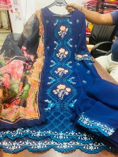 Peacock Blue Partywear Georgette Salwar Kameez Readymade Suit