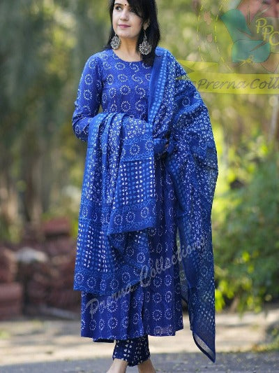 Indigo Blue Printed Cotton Salwar Suit Set