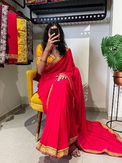 Red Georgette Sequins Embroidered Saree