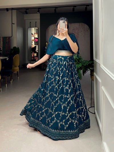 Peacock Blue Georgette Lucknowi Work Readymade Lehenga Set