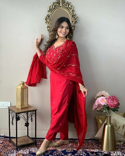 Red Cotton Handwork Detailing Salwar Suit Set