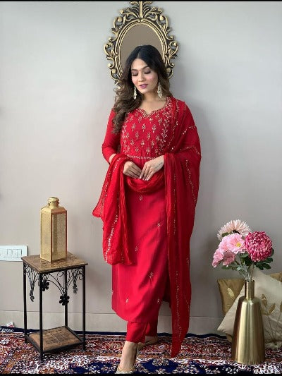 Red Cotton Handwork Detailing Salwar Suit Set