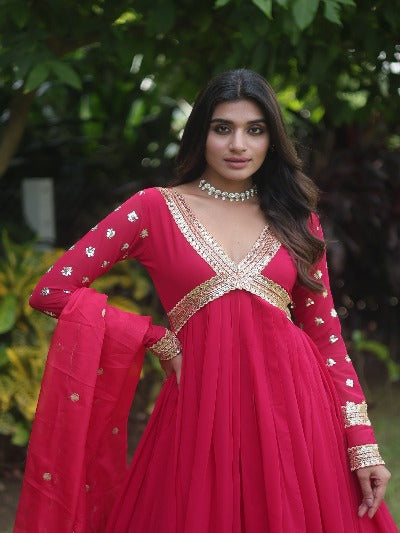 Rani Pink Alia Cut Gown With Dupatta Set Of 2