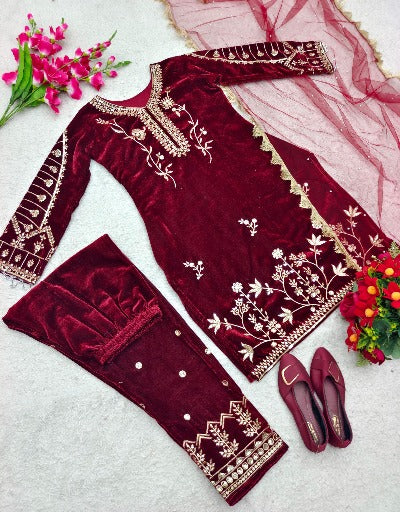 Red Pure Velvet Sequins Embroidered Salwar Suit Set