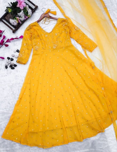 Yellow Georgette Sequence Embroidered Anarkali With Dupatta Set Of 2