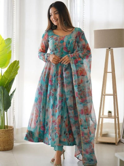 Soothing Blue Organza Floral Anarkali With Pant Dupatta