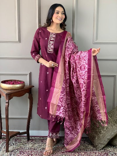 Premium Cotton Wine Salwar Suit Set With Silk Dupatta