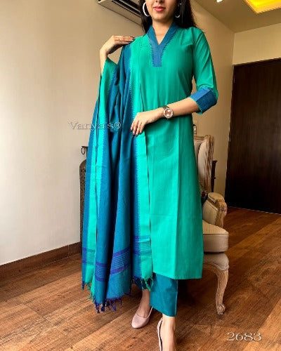 Sea Green Blue Handloom South Cotton Salwar Suit Set