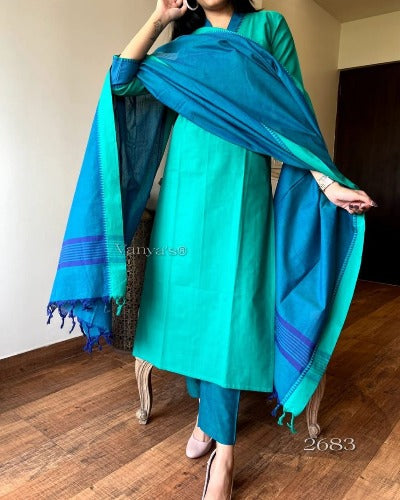 Sea Green Blue Handloom South Cotton Salwar Suit Set
