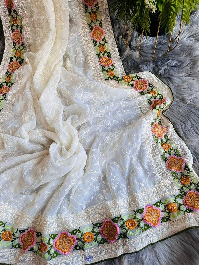Fresh White Floral Thread Work Georgette Saree