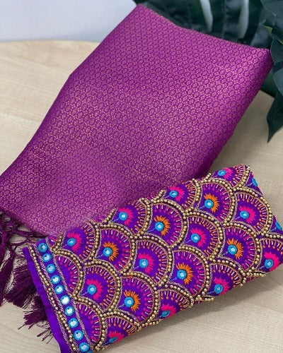 Purple Soft Silk Saree With Aariwork Blouse Piece