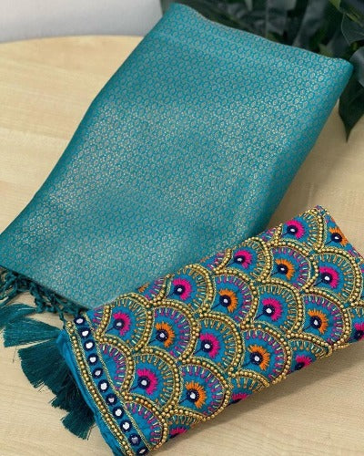 Turquoise Blue Soft Silk Saree With Aariwork Blouse Piece