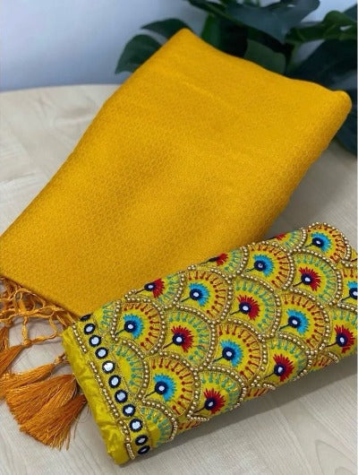 Yellow Soft Silk Saree With Aariwork Blouse Piece
