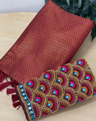 Red Soft Silk Saree With Aariwork Blouse Piece
