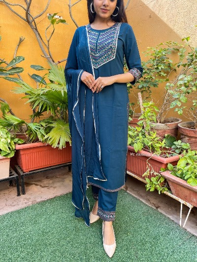 Teal Blue Cotton Thread Embroidery Salwar Suit Set