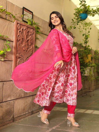 Pink Embroidered Cotton Anarkali Salwar Suit Set