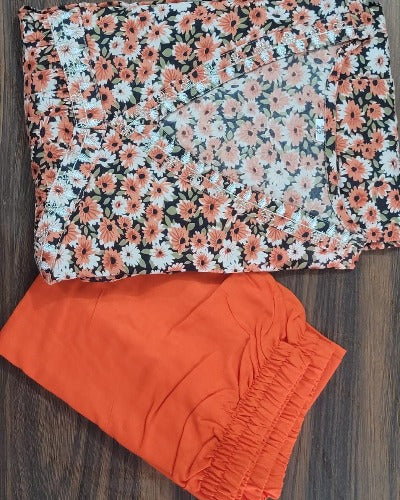Orange Floral Nyra Cut Cotton Kurti Pant Set of 2