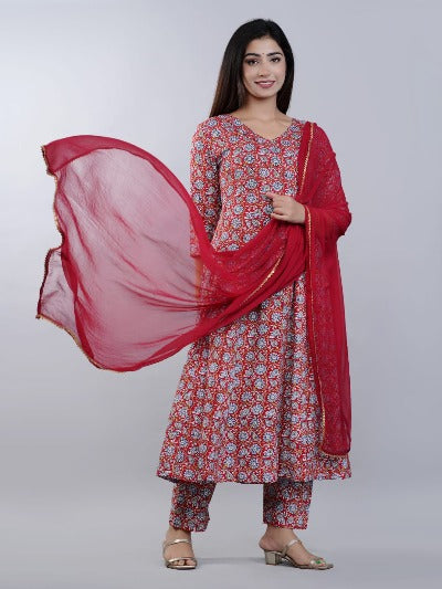 Red Floral Block Print Cotton Salwar Suit Set