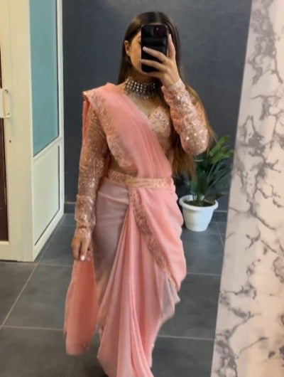 Ready to Wear Peach Chiffon Zari Readymade Sari