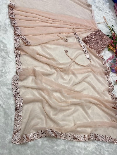 Ready to Wear Peach Chiffon Zari Readymade Sari