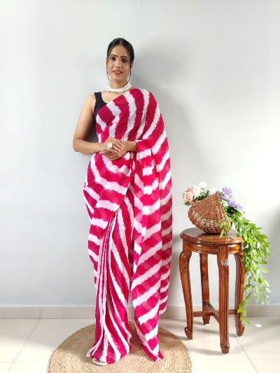 1 Min Red & White Georgette Crushed Stitched Readymade Saree