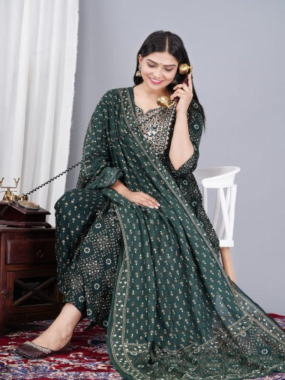 Dark Green Cotton Embroidered Festive Salwar Suit Set