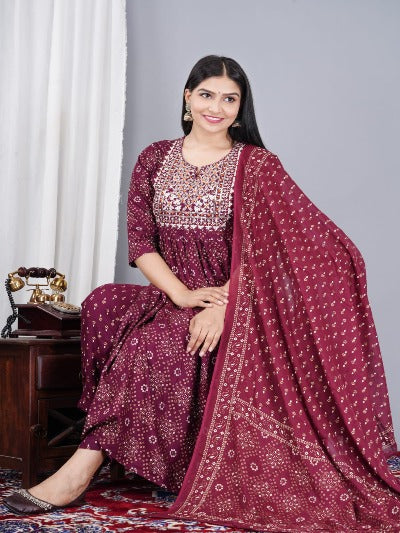 Wine Cotton Embroidered Festive Salwar Suit Set