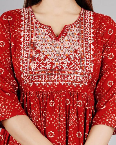 Red Cotton Embroidered Festive Salwar Suit Set