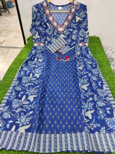 Beautiful Blue Cotton Embroidered Afghani Style Salwar Suit Set