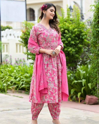 Pink Cotton Nyra Cut Salwar Suit Set