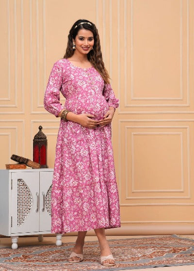 Maternity Feeding Pink Cotton Maxi Dress Gown