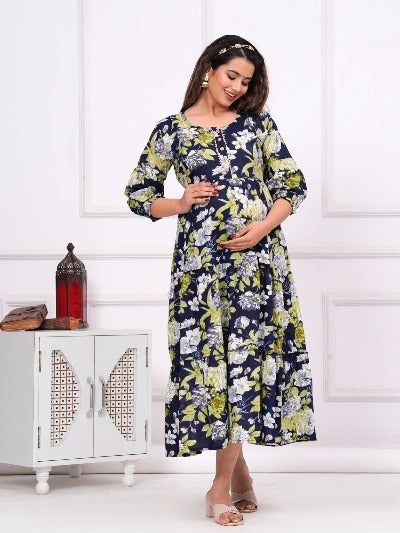 Maternity Feeding Navy Blue Printed Cotton Maxi Dress Gown