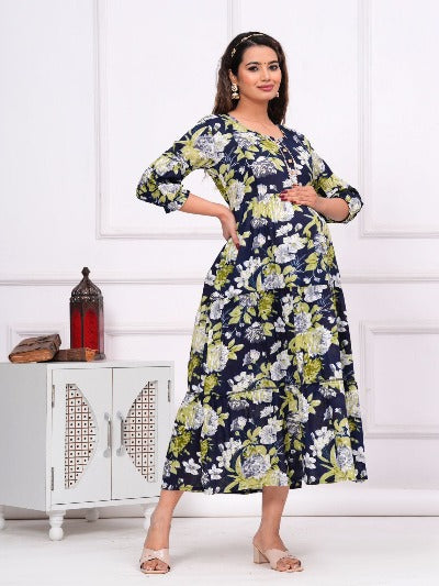 Maternity Feeding Navy Blue Printed Cotton Maxi Dress Gown