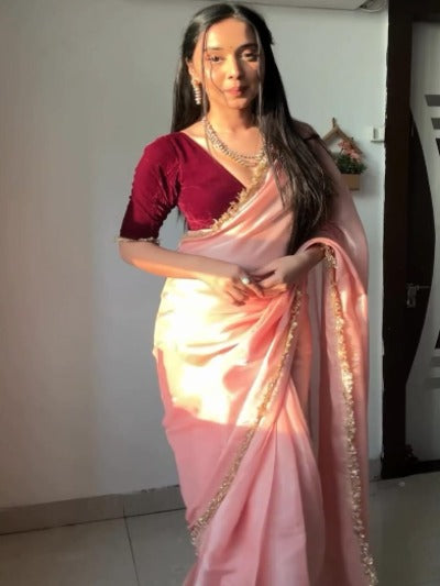 1 Min Light Pink Stitched Readymade Saree And Velvet Readymade Blouse