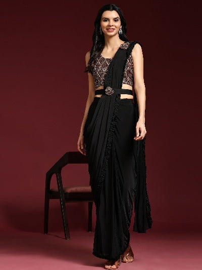 1 Min Black Designer Imported Fabric Stitched Readymade Saree