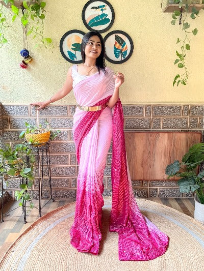 1 Min Pink Georgette Sequenced Stitched Readymade Saree