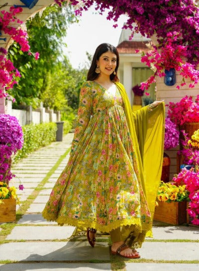 Green Foral Chinnon Flared Anarkali Salwar Suit Set
