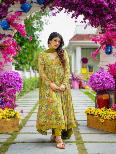 Green Foral Chinnon Flared Anarkali Salwar Suit Set