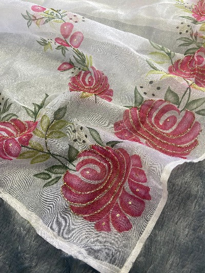 1 Min White Digital Print Taby Silk Stitched Readymade Saree