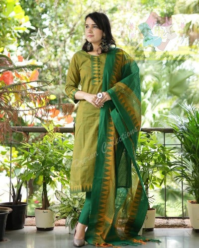 Green South Cotton Handloom Salwar Suit Set