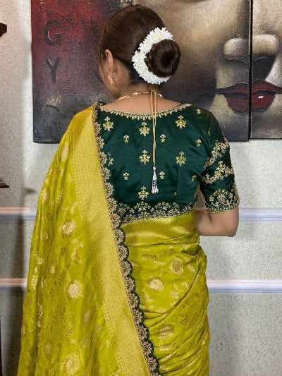 Parrot Green Banarasi silk Saree With Readymade Stitched Blouse