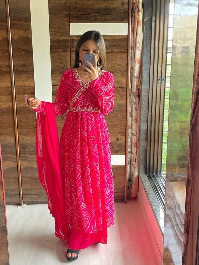 Bandhani Pink Angharakha Salwar Suit Set Of 3