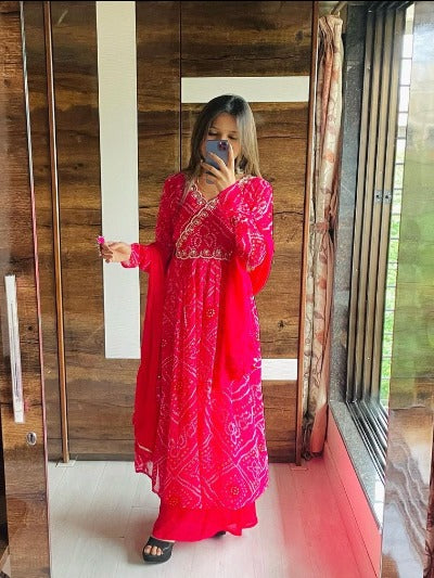 Bandhani Pink Angharakha Salwar Suit Set Of 3
